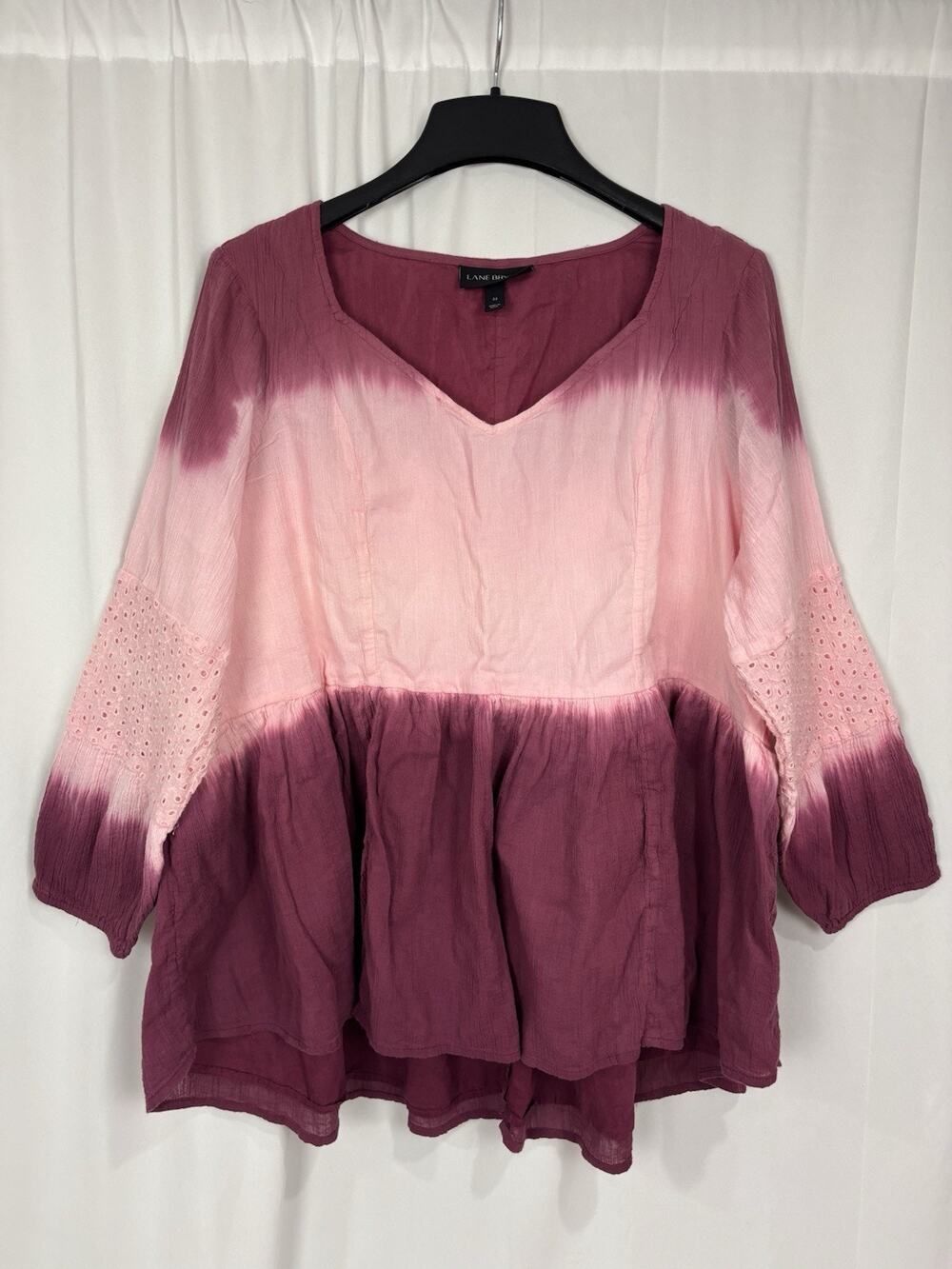 Lane Bryant 22 Boho Blush Pink Ombre Tie Dye Long Sleeve V-Neck Peasant Blouse